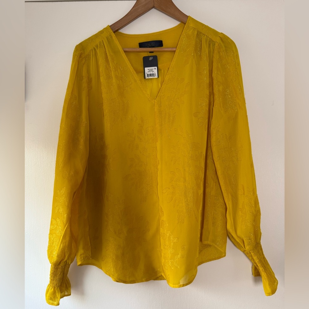 New! Rachel by Rachel Roy Marigold Yellow V-Neck Metallic Floral Blouse Medium